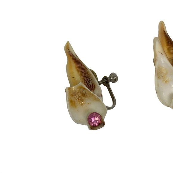 Vintage Brown Shell with Pink Rhinestones Earrings Screw Backs - Picture 3 of 4